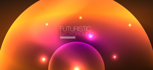 Abstract background with neon glowing light effects. Round shapes, triangles and circles. Wallpaper for concept of AI technology, blockchain, communication, 5G, science, business and technology