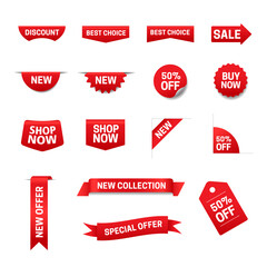 Collection of red sale banners, ribbons and price tags on transparent background. Special offer and shopping discount labels. Vector stock illustration.