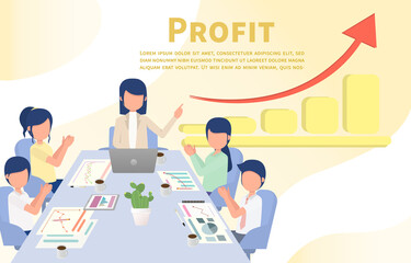 Employees discuss ideas for profitable organizations. The boss shows the stock chart up. Vector illustration Eps10.