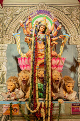 KOLKATA , INDIA - SEPTEMBER 28TH, 2017 : Goddess Durga idol at decorated Durga Puja pandal. Durga...