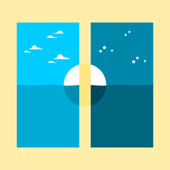Blue ocean sea day and night minimal vertical 0on yellow background flat vector design.	