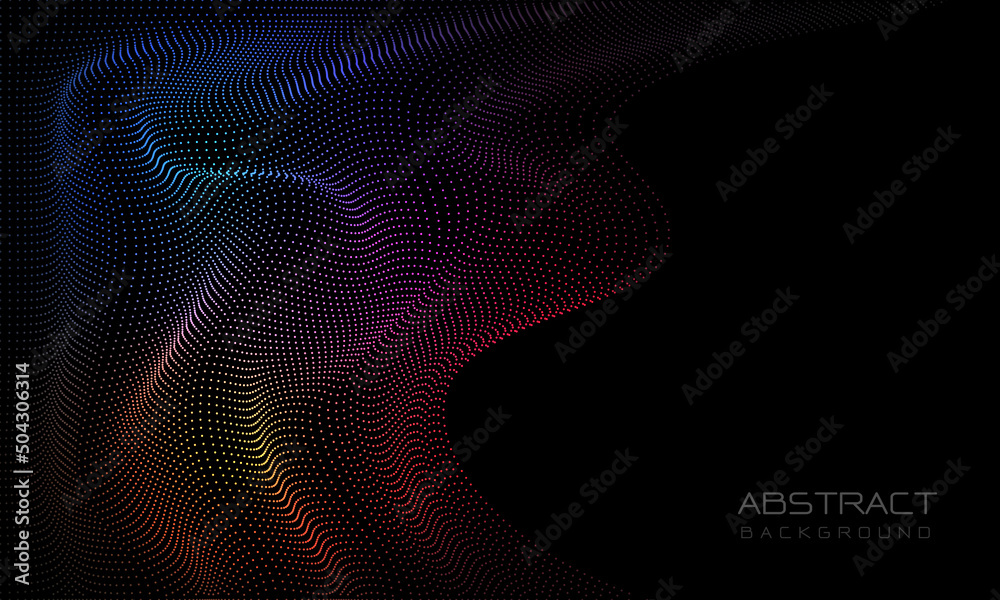 Poster Abstract 3D color dots wave curve motion light on black with blank space design modern futuristic technology background vector