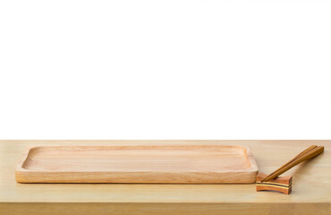 Empty sushi bamboo tray board on wood table white background. Bamboo products that have been processed into trays for use in the kitchen. Top view of plank wood for graphic stand design product.