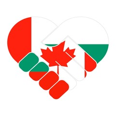 Handshake symbol in the colors of the national flags of Canada and Bulgaria, forming a heart.