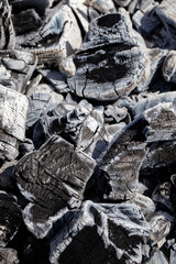 a fire made of logs with a bright flame at a camping while cooking