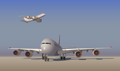 Large passenger plane and plane taking off. Vector.