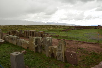 Stone walls uncovered by archaeologists at the Puma Punku, a UNESCO world heritage site. Tiwanaku, Bolivia