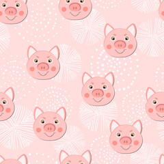 Vector flat animals colorful illustration for kids. Seamless pattern with cute pig face on color background. Adorable cartoon character. Design for textures, card, poster, fabric, textile