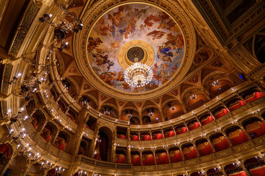 Budapest, Hungary - 02.05.2022: Interior of the Hungarian Royal State Opera House, considered one of the architect's masterpieces and one of the most beautiful in Europe.