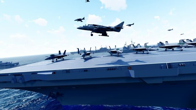 Aircraft carrier fighters take off to prepare for battle