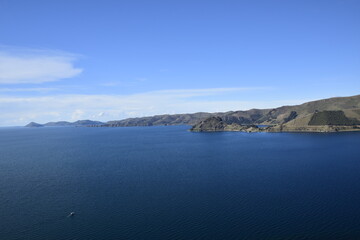 A landscape of Copacabana and Lake Titicaca. Copacabana, Bolivia