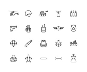 Collection of Army linear icons. Set of military symbols drawn with thin contour lines. Vector illustration.