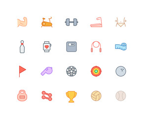 Collection of Health and workout color icons. Set of PT, Fit symbols drawn with thin contour lines. Vector illustration.