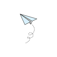 Paper airplane vector icon. Doodle outline style blue color paper airplane. Simple origami aircraft element. Drawing doodle vector illustration.