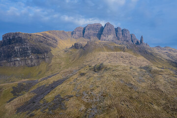 Aerial  Isle of Skye, Scotland, UK, Old Man of Storr, at Sunrise Sunset, Ancient Natural Stone Monument Summer