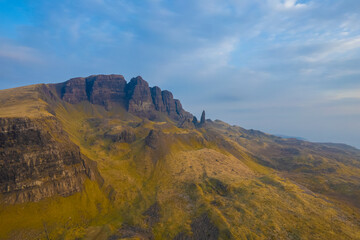 Aerial  Isle of Skye, Scotland, UK, Old Man of Storr, at Sunrise Sunset, Ancient Natural Stone Monument Summer