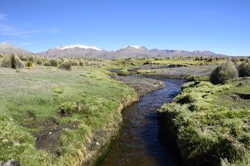 Fototapeta na wymiar photo of colourful water of river in wilderness of Parque Nacional Sajama in Bolivia, South America