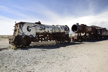 old rusty trains at the antique train cemetery close to the salt flats of Uyuni. Bolivia.