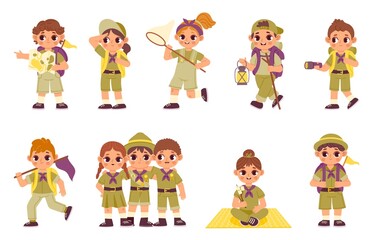 Kids in scout camp. Cartoon boys and girl in scout clothes make a fire and build tent in summer camp. Vector isolated set