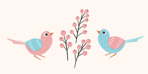 Funny colorful birds, flowers, leaves and berries. Color flat vector illustration with little cartoon bird. Cute characters. Card, postcards for kids