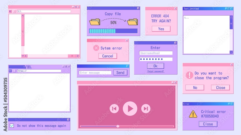 Fototapete retro computer window. retrowave internet browser, frame folder, pop-up message 90s design. vector o