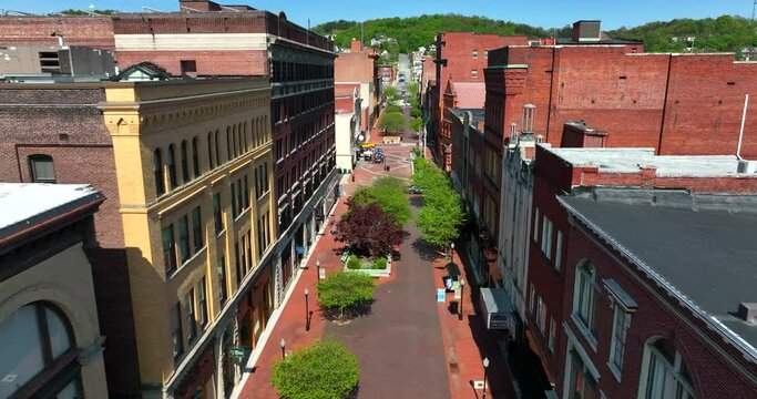 Historic Washington Street in Cumberland Maryland. Aerial view of old buildings.