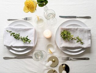 beautiful table setting for romantic dinner for two, top view