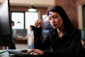 Thoughtful software developer thinking of ways to upgrade encryption program. Pensive network...