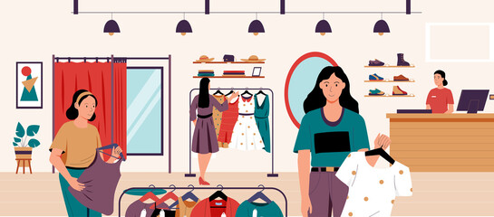 Fashion boutique. Cartoon women characters in clothing store looking and trying trendy shoes and clothes. Vector illustration