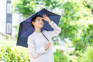 日傘をさす女性（紫外線対策・日焼け止め・UVケア・熱中症対策・美容・ビューティー） - obrazy, fototapety, plakaty