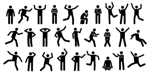 Stick man body. Black pictogram silhouettes of people in various relaxed and dynamic postures. Vector human movement and gestures isolated set - obrazy, fototapety, plakaty