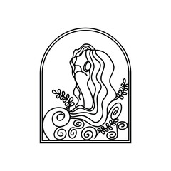 line art woman with long hair abstract with botanical and bohemian style