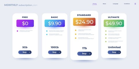 Pricing table. Monthly subscription comparison table infographic template with checklist of features. Vector web application presentation