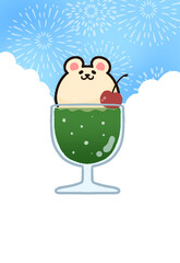 クリームソーダと花火の暑中見舞いはがき