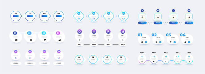 Step infographic. 4 elements flow chart business template, square and round timeline graphic banner. Vector modern presentation mockup