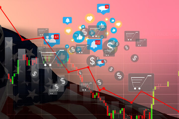 USA. America stock market. New york stock exchange analysis forex indicator Trading graph chart business growth finance money crisis economy and dollar Trade war with America usa flag. blurred photo