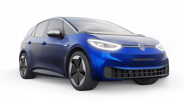 Oslo, Norway. April 17, 2022: Volkswagen ID.3 2020. New generation blue electric city hatchback car with extended range. 3d illustration