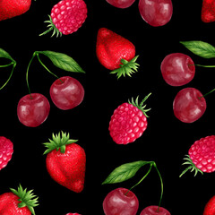 Juicy berries seamless pattern. Bright summer design in a watercolor style.