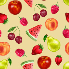 Juicy fruits seamless pattern. Bright summer design in a watercolor style.