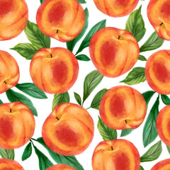 Juicy peaches seamless pattern. Bright summer design in a watercolor style.