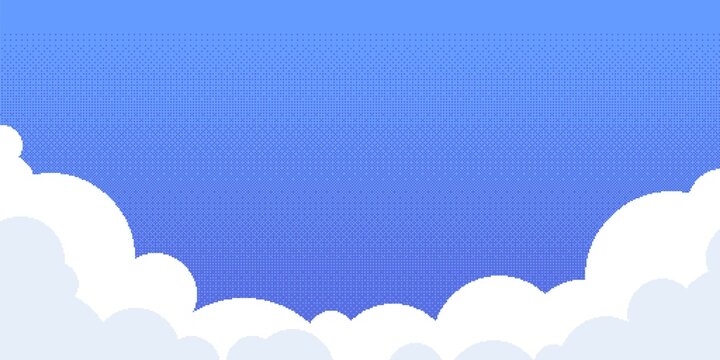 Pixel sky with clouds. Retro video game abstract blue background with white 8-bit clouds, digital concept art. Vector illustration