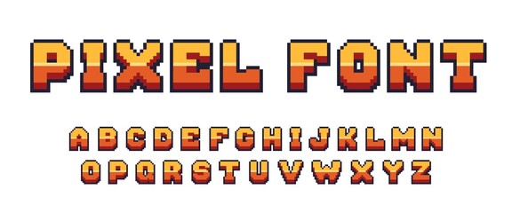 Pixel game font. Arcade 8 bit alphabet symbols, retro console text elements, 80s type letters. Vector computer and video game comic letter set © Tartila