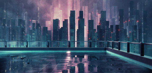 3D Rendering of neon glow mega city with light reflection from puddles on building deck rooftop. Concept for night life,  business district center (CBD) Cyber punk theme, tech product, game background © knssr
