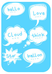White bubble speech hand drawn various icon,symbol,vector illustration. Vintage,old style isolated on blue background.