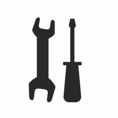 Wrench and screw driver icon vector or screwdriver and spanner pictogram as repair and maintenance service symbol isolated black and white illustration clipart, work tools shape silhouette graphic