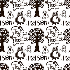 A seamless pattern with Halloween elements drawn in a doodle style. Gloomy tree, ghosts, inscriptions, and a cauldron of potions. Monochrome Halloween background.