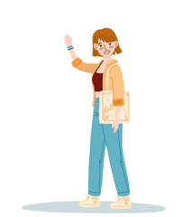 Red-haired girl stands and waves her hand. She is wearing jeans, sneakers, a top and a shirt.. Drawn in sketch style. Vector illustration for designs, prints, patterns. Isolated on white background