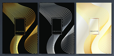 Luxury design covers. Curved guilloche lines: gold, silver and platinum on a black background. Abstract geometric style, elegant brochures, flyers, invitations, presentations.