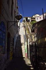 Outdoor view of Funicular railway, named Ascensor El Peral, leading up a hill in Valparaiso. VALPARAISO, CHILE