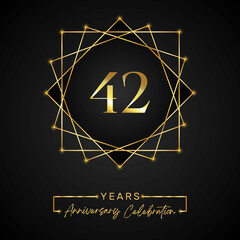 42 years Anniversary Celebration Design. 42 anniversary logo with golden frame isolated on black background. Vector design for anniversary celebration event, birthday party, greeting card.
